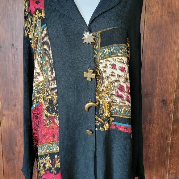 Vintage 90s OPTIONS Worthington Women’s M Rayon Blouse Black Abstract Celestial - Picture 9 of 10